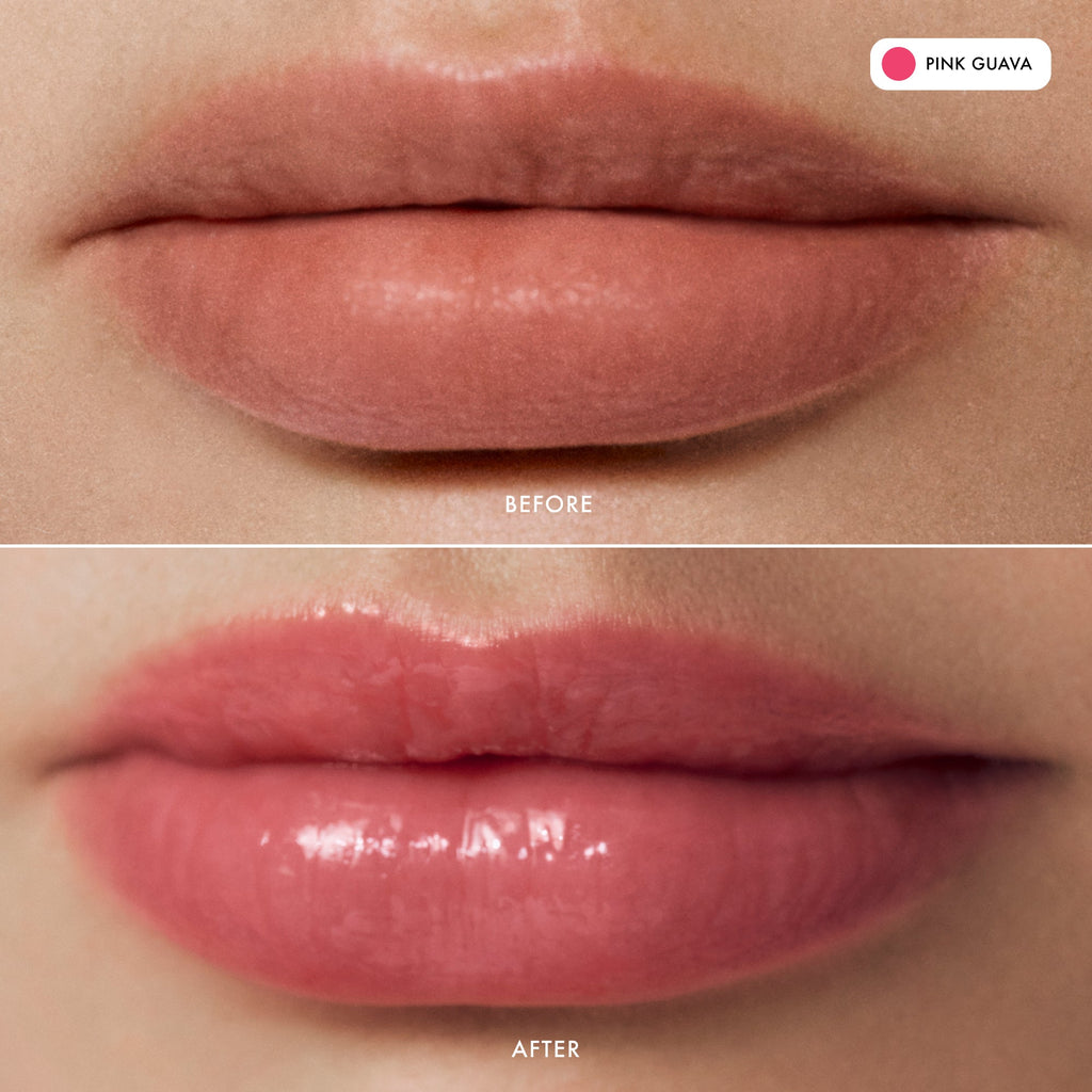Before and after comparison of lips with Pink Guava makeup application.